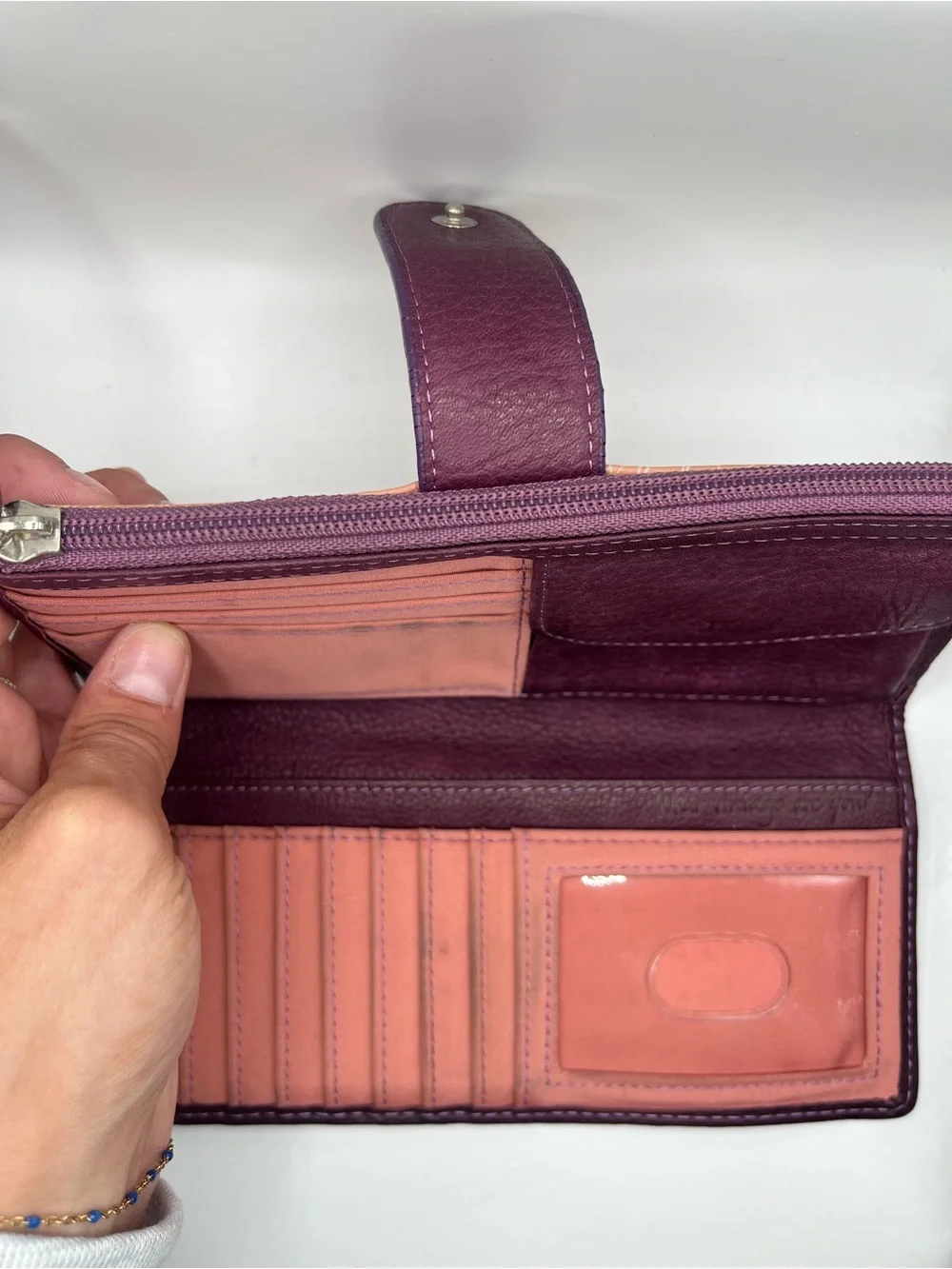 Fossil Pink Bird & Floral Leather Zip Wallet with Plum Trim